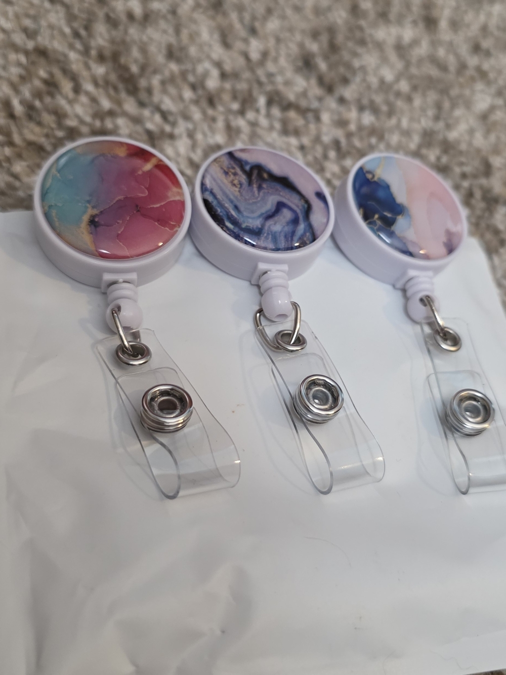 Marble Pattern Retractable Badge Reel Set - Pink, Blue, Purple